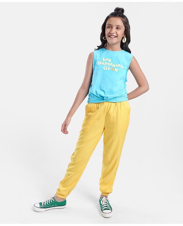 Pine Kids Cotton Knit Sleeveless T-Shirt With Front Mock Knotting & Text Print - Blue