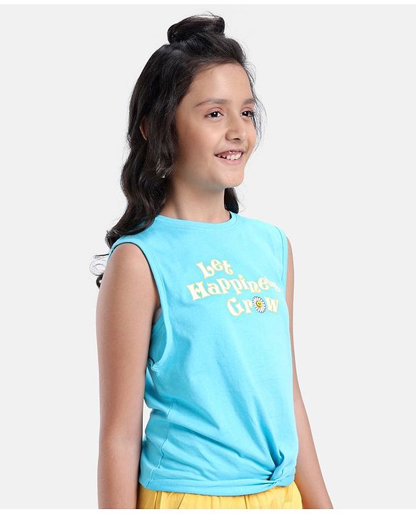 Pine Kids Cotton Knit Sleeveless T-Shirt With Front Mock Knotting & Text Print - Blue