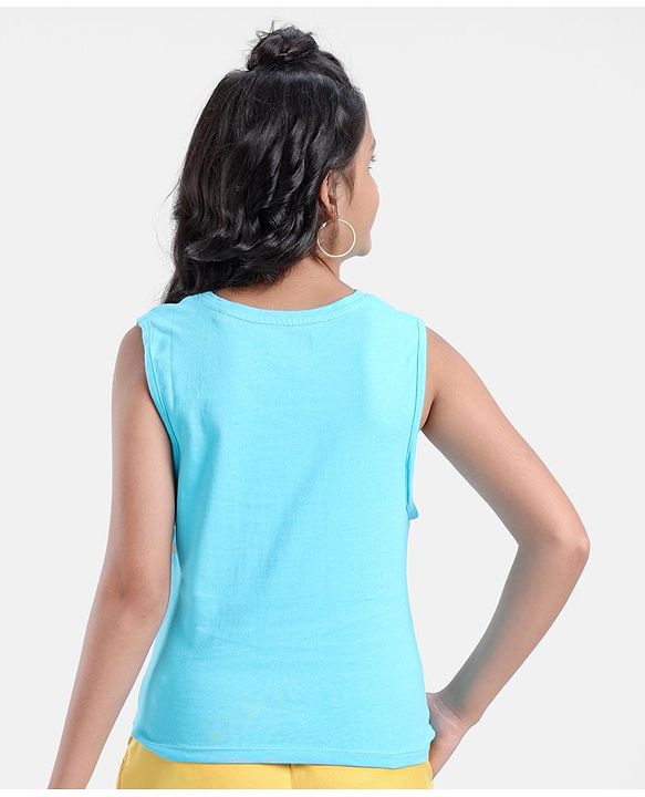 Pine Kids Cotton Knit Sleeveless T-Shirt With Front Mock Knotting & Text Print - Blue