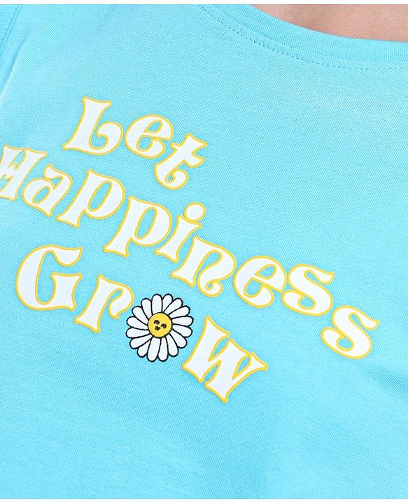 Pine Kids Cotton Knit Sleeveless T-Shirt With Front Mock Knotting & Text Print - Blue
