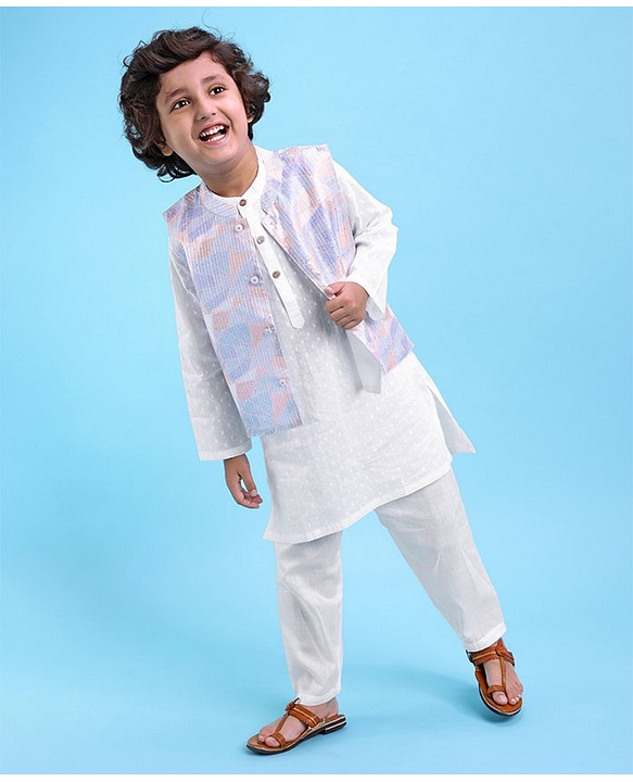 Babyhug 100% Cotton Woven Full Sleeves Kurta & Pajama Set with Stripes Embroidered Bandi Jacket - White