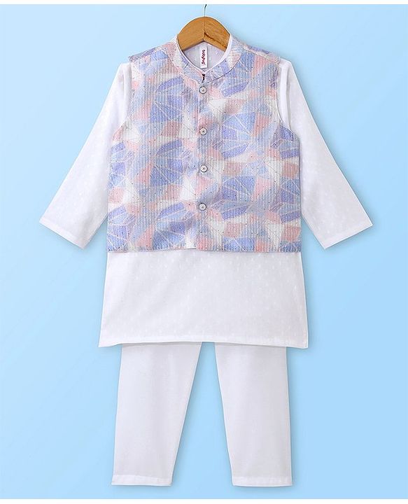 Babyhug 100% Cotton Woven Full Sleeves Kurta & Pajama Set with Stripes Embroidered Bandi Jacket - White