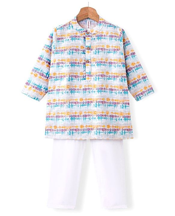 Babyhug 100% Cotton Full Sleeves Kurta With Payjama Set With Ikat Print - White