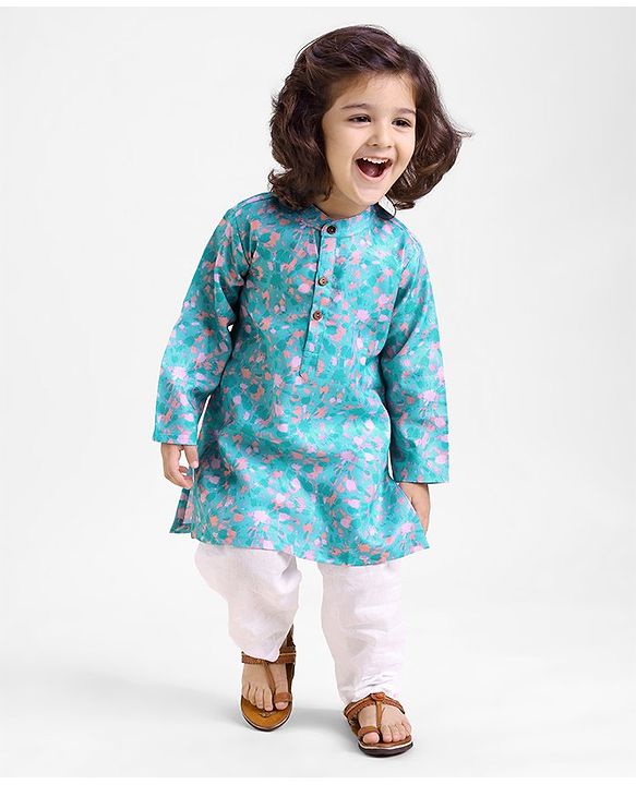 Babyhug 100% Cotton Woven Full Sleeves Kurta & Pyjama Set Abstract Print - Blue