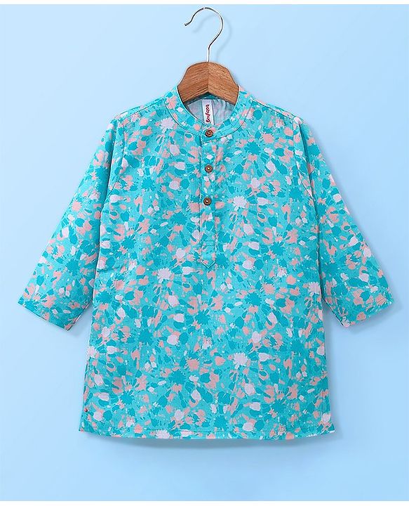 Babyhug 100% Cotton Woven Full Sleeves Kurta & Pyjama Set Abstract Print - Blue