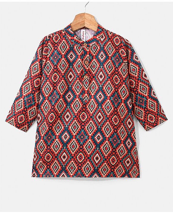 Pine Kids 100% Cotton Full Sleeves Printed Kurta & Pyjama Set- Maroon