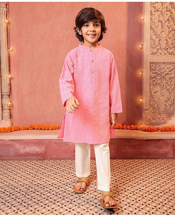 Babyhug Schiffly Embroidered Full Sleeves Kurta With Payjama Set- Peach & White