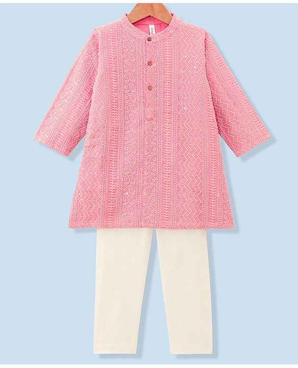 Babyhug Schiffly Embroidered Full Sleeves Kurta With Payjama Set- Peach & White