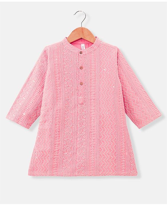 Babyhug Schiffly Embroidered Full Sleeves Kurta With Payjama Set- Peach & White