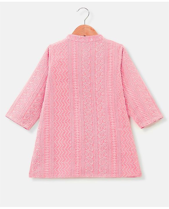Babyhug Schiffly Embroidered Full Sleeves Kurta With Payjama Set- Peach & White