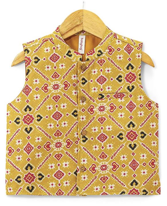 Babyhug 100% Cotton Woven Full Sleeves Solid Color Kurta Pyjama Set with Waistcoat Argyle Print - Red