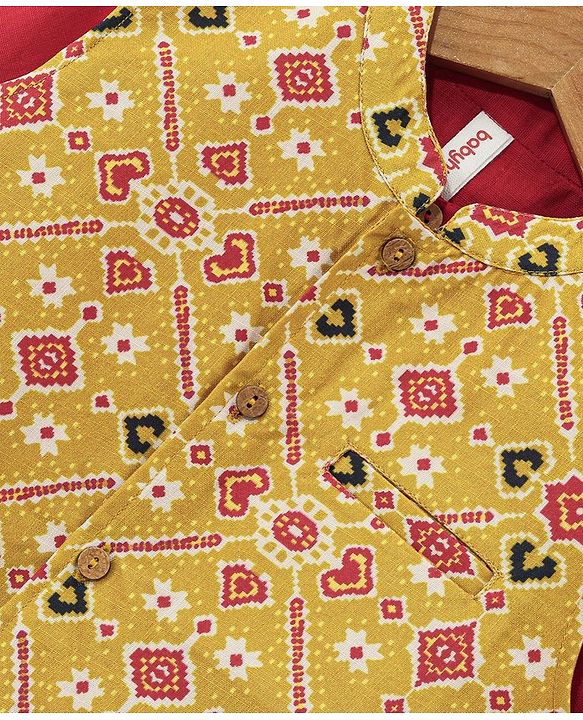 Babyhug 100% Cotton Woven Full Sleeves Solid Color Kurta Pyjama Set with Waistcoat Argyle Print - Red