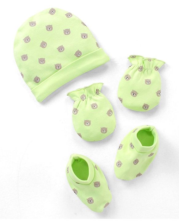 Babyhug 100% Cotton Cap Mittens & Booties Set Teddy Print - Green
