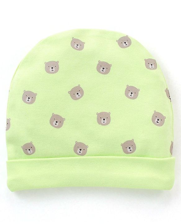 Babyhug 100% Cotton Cap Mittens & Booties Set Teddy Print - Green