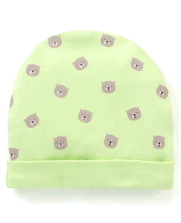Babyhug 100% Cotton Cap Mittens & Booties Set Teddy Print - Green