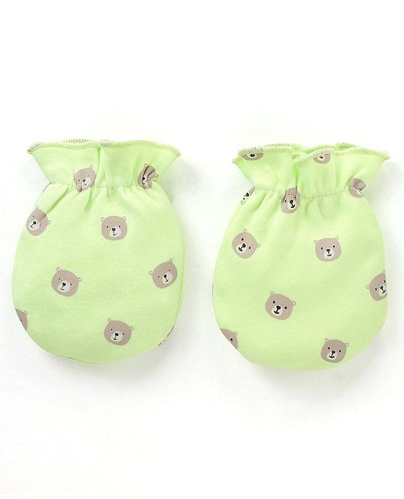 Babyhug 100% Cotton Cap Mittens & Booties Set Teddy Print - Green
