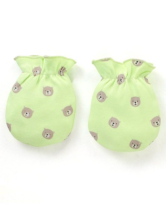 Babyhug 100% Cotton Cap Mittens & Booties Set Teddy Print - Green