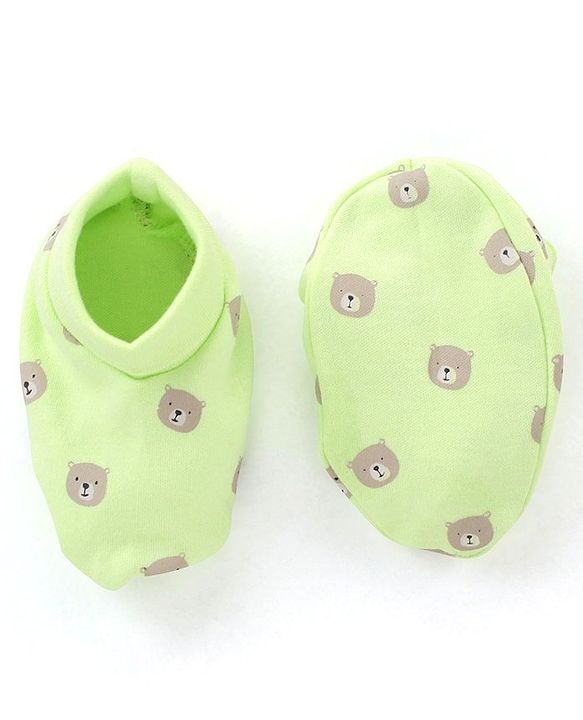 Babyhug 100% Cotton Cap Mittens & Booties Set Teddy Print - Green