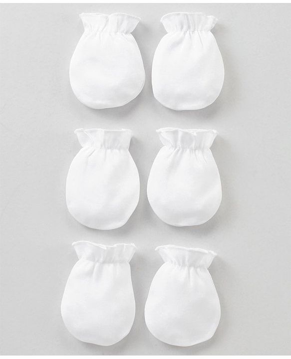 Babyhug 100% Cotton Solid Mittens Set Pack of 3 - White