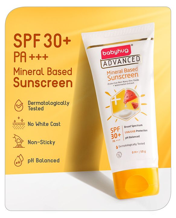 Babyhug Advanced Mineral Based Sunscreen with SPF 30 + & PA+++ & Broad Spectrum Protection and No White Cast - 50 g