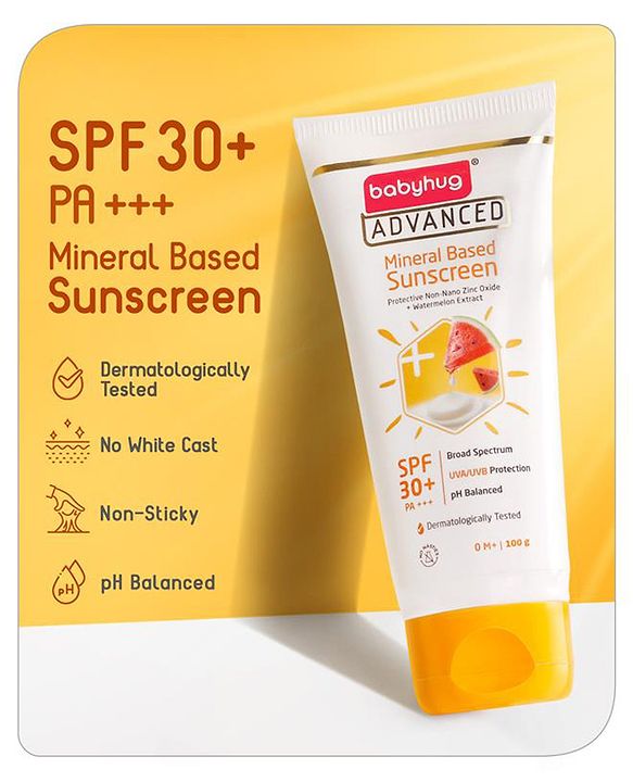 Babyhug Advanced Mineral Based Sunscreen with SPF 30 + & PA+++ & Broad Spectrum Protection and No White Cast - 50 g