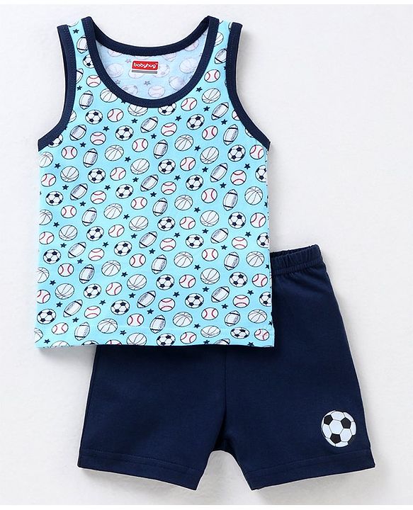 Babyhug 100% Cotton Knit Sleeveless Sando & Shorts Set Football Print - Navy