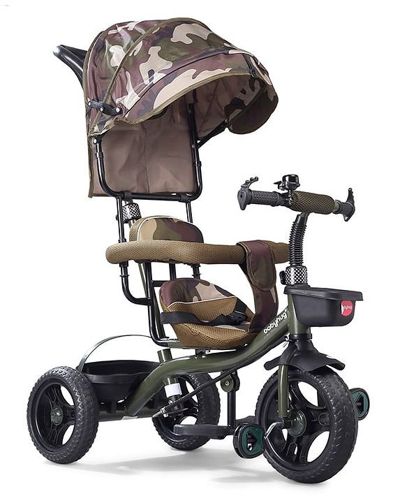 Babyhug Plug & Play Apache Tricycle with Parental Handle and Printed Canopy Military Theme - Green