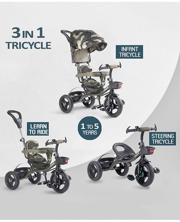 Babyhug Plug & Play Apache Tricycle with Parental Handle and Printed Canopy Military Theme - Green