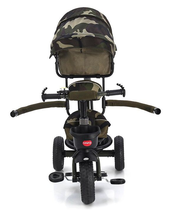 Babyhug Plug & Play Apache Tricycle with Parental Handle and Printed Canopy Military Theme - Green