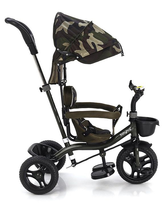Babyhug Plug & Play Apache Tricycle with Parental Handle and Printed Canopy Military Theme - Green