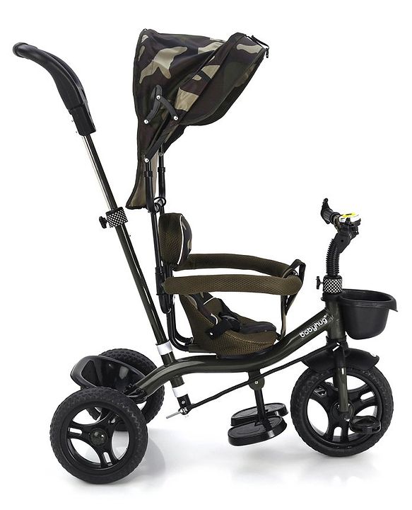 Babyhug Plug & Play Apache Tricycle with Parental Handle and Printed Canopy Military Theme - Green