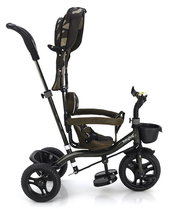 Babyhug Plug & Play Apache Tricycle with Parental Handle and Printed Canopy Military Theme - Green