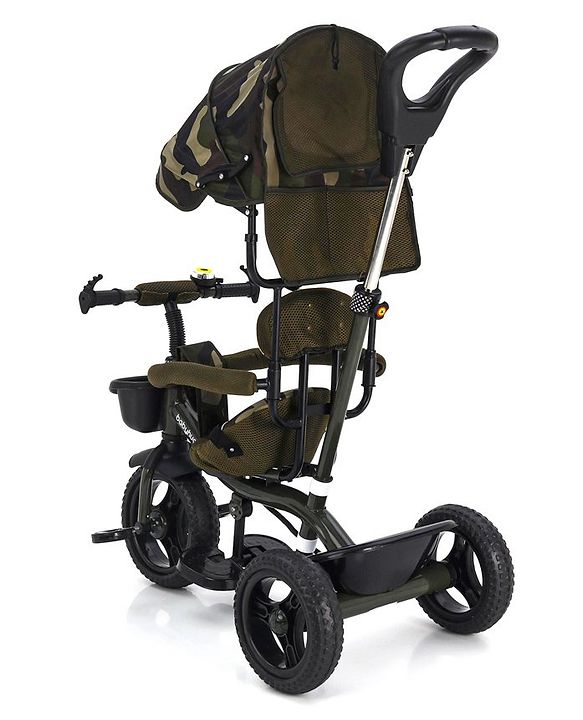 Babyhug Plug & Play Apache Tricycle with Parental Handle and Printed Canopy Military Theme - Green