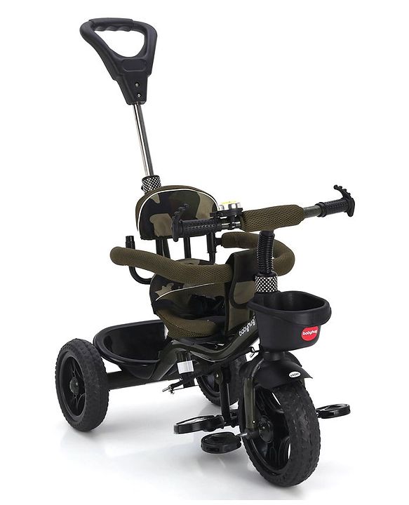 Babyhug Plug & Play Apache Tricycle with Parental Handle and Printed Canopy Military Theme - Green