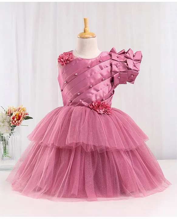 Pre Order: Elegant Pearls Embellished Onion Pink Ruffle Dress With Flo |  Little Muffet