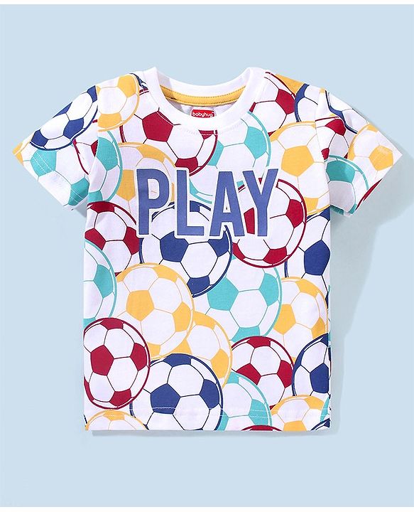 Babyhug Cotton Lycra Half Sleeves T-Shirt & Denim Shorts Set Football Print - Multicolor & Blue