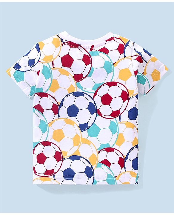 Babyhug Cotton Lycra Half Sleeves T-Shirt & Denim Shorts Set Football Print - Multicolor & Blue