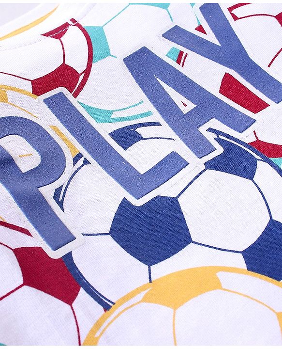 Babyhug Cotton Lycra Half Sleeves T-Shirt & Denim Shorts Set Football Print - Multicolor & Blue