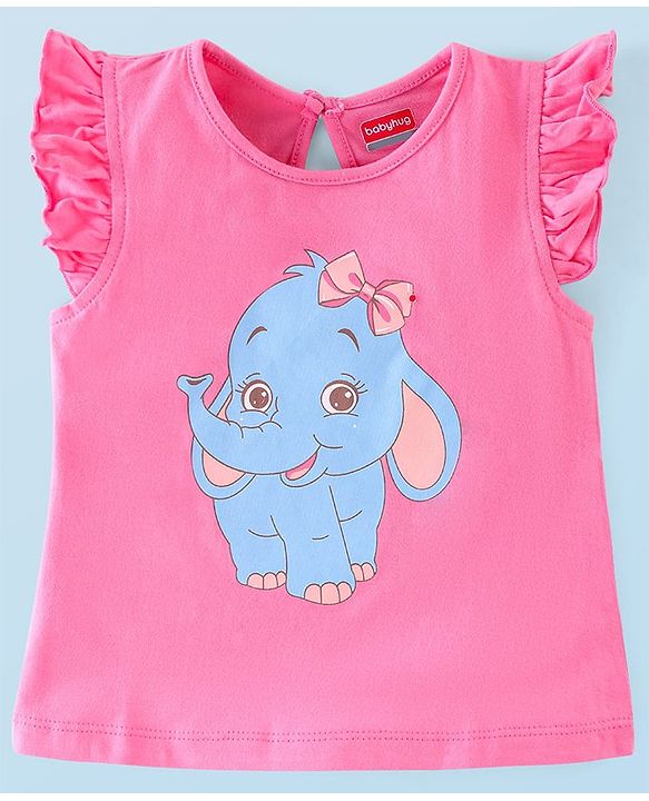 Babyhug Cotton Half Sleeves Tee With Elephant Graphics & Frill Detailing- Pink