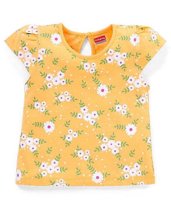 Babyhug 100% Cotton Cap Sleeves Tee with Floral Print - Yellow