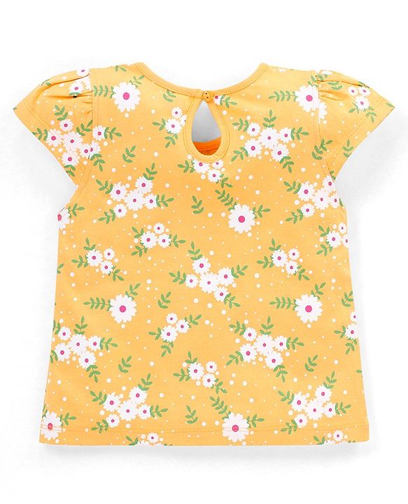 Babyhug 100% Cotton Cap Sleeves Tee with Floral Print - Yellow