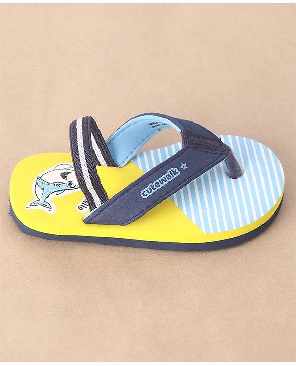 Cute Walk by Babyhug Slip On Flip Flops Stripes & Dolphin Print -  Blue Yellow & Blue
