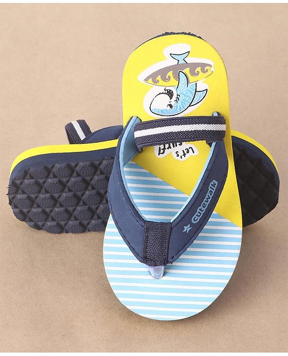 Cute Walk by Babyhug Slip On Flip Flops Stripes & Dolphin Print -  Blue Yellow & Blue