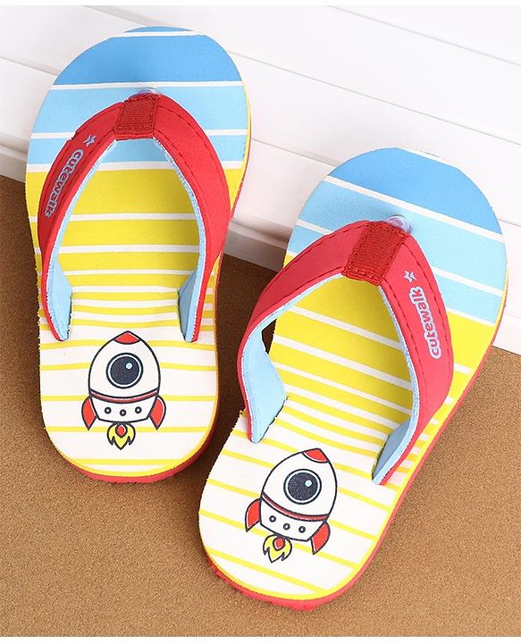 Cute Walk by Babyhug Flip Flops Stripes and Rocket Print - Yellow