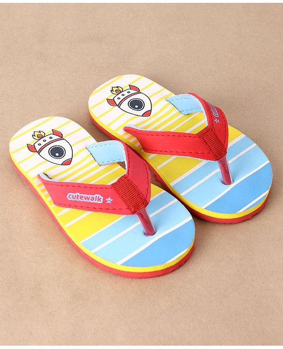 Cute Walk by Babyhug Flip Flops Stripes and Rocket Print - Yellow