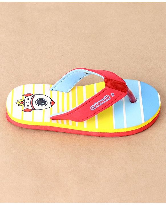 Cute Walk by Babyhug Flip Flops Stripes and Rocket Print - Yellow
