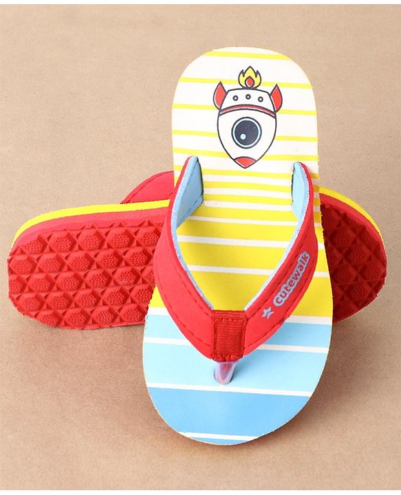 Cute Walk by Babyhug Flip Flops Stripes and Rocket Print - Yellow
