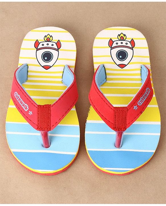 Cute Walk by Babyhug Flip Flops Stripes and Rocket Print - Yellow