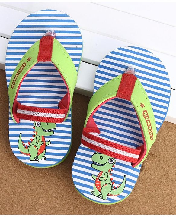 Cute Walk by Babyhug Casual Slip On Stripes Flip Flops with Dino Print - Green