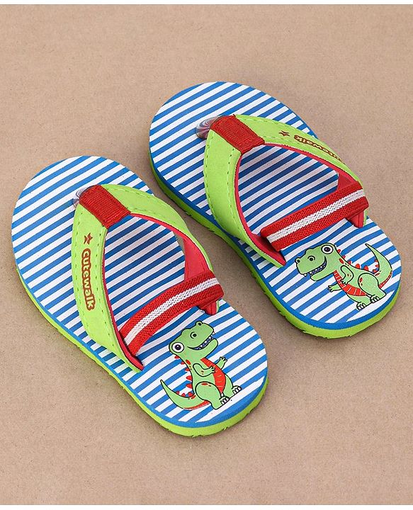 Cute Walk by Babyhug Casual Slip On Stripes Flip Flops with Dino Print - Green